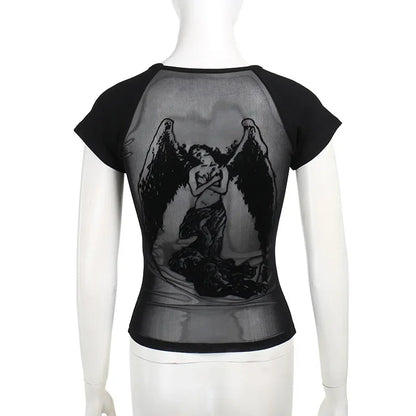 Gothic See Through Angel Graphic Print T-shirt