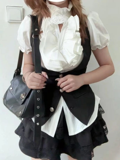 Gothic Preppy Style Design Short Sleeve 3-piece Set Women Fashion Y2k High-waist Black Short Skirt Suit Summer New Slim Outfits