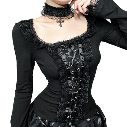 Goth Black Lace Trim Long Sleeve Vintage Lace-up Square Collar Elastic Tops with Choker Cross