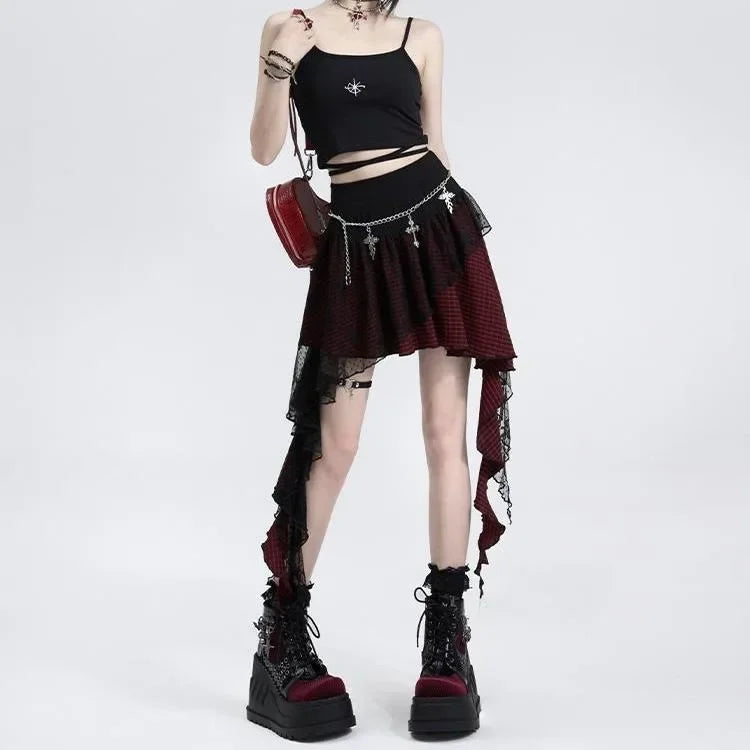 Jupe Lace Plaid Saia High Waist Irregular Mini Skirts