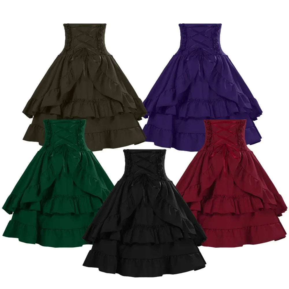 Victorian Period Skirt Girls Black Gothic Style Multi-layer Cake Half Dress Princess Cosplay Banquet Lolita