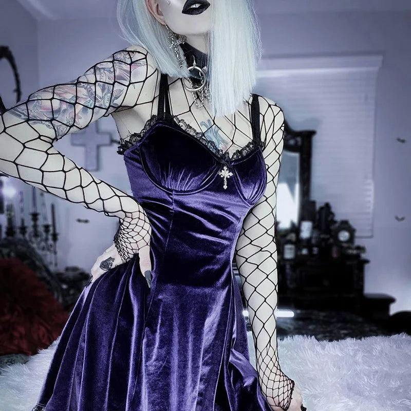 Goth Purple Dress Vintage Velvet A Line Lolita Dress Aesthetic Gothic High Waist Ladies Club Party Dresses