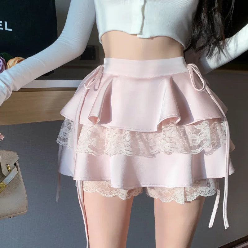 Gothic Sexy Ruffle Tiered Skirts Women Cute Lolita Style Lace Cake Skirt Girl Kawaii Clothes High Waist Solid A-Line Mini Skirt