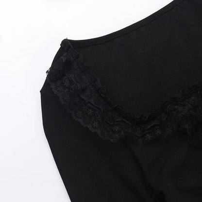 Goth Black Lace Trim Long Sleeve Vintage Lace-up Square Collar Elastic Tops with Choker Cross