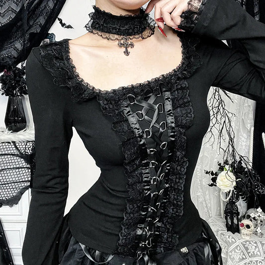Goth Black Lace Trim Long Sleeve Vintage Lace-up Square Collar Elastic Tops with Choker Cross
