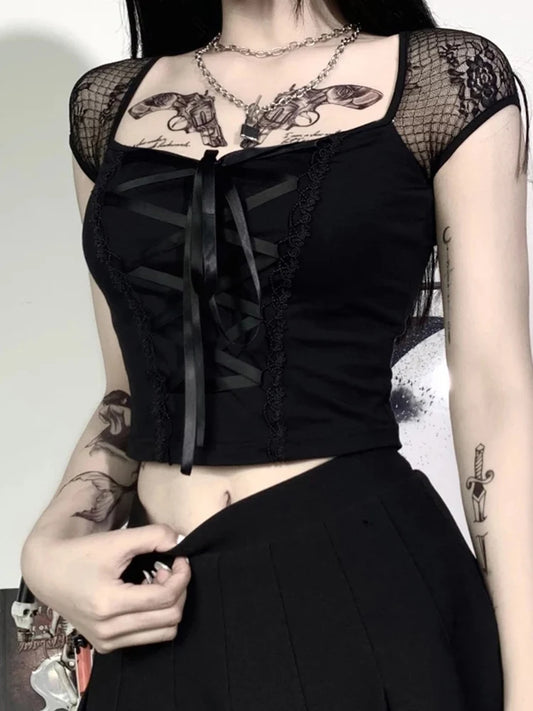 Vintage Bodycon Bandage Lace Black T-shirts