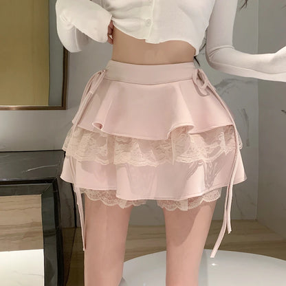 Gothic Sexy Ruffle Tiered Skirts Women Cute Lolita Style Lace Cake Skirt Girl Kawaii Clothes High Waist Solid A-Line Mini Skirt