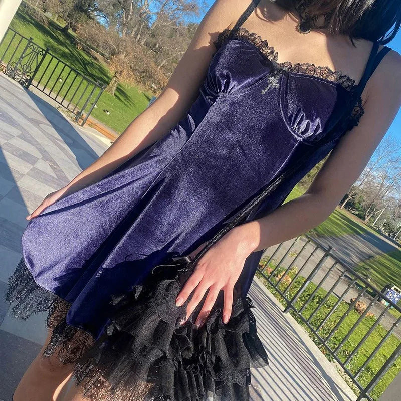 Goth Purple Dress Vintage Velvet A Line Lolita Dress Aesthetic Gothic High Waist Ladies Club Party Dresses