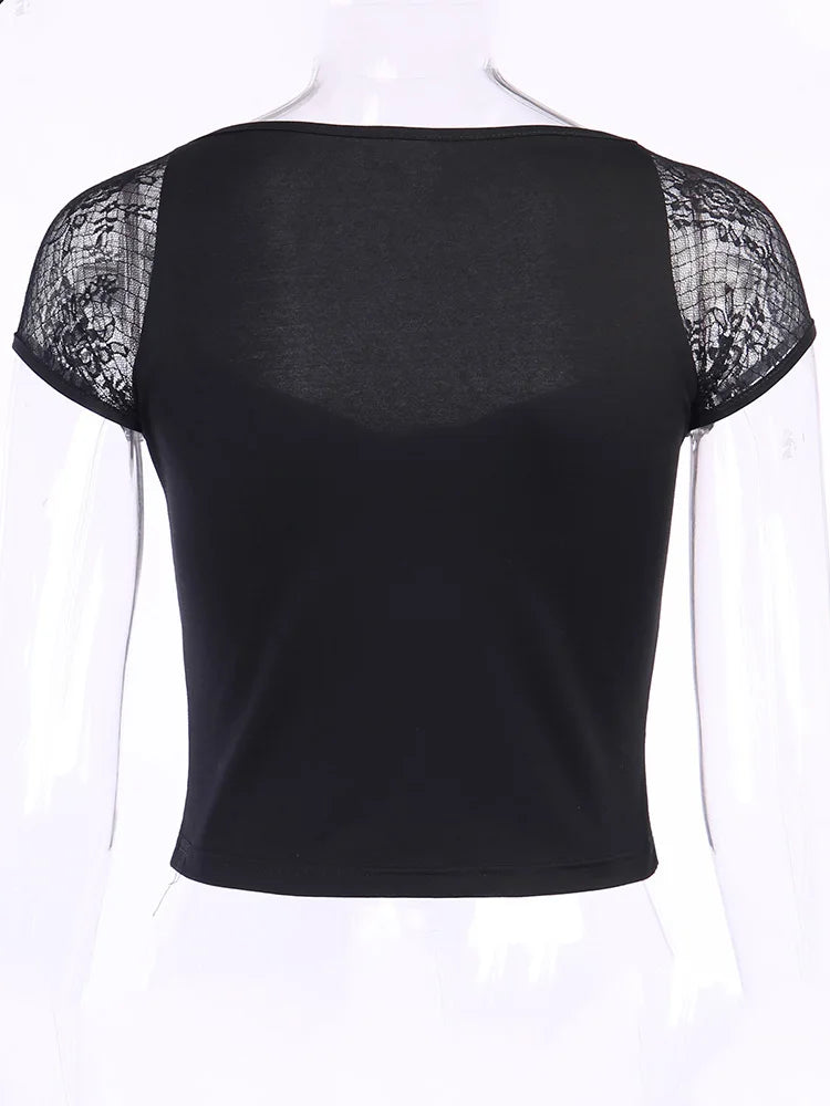 Vintage Bodycon Bandage Lace Black T-shirts