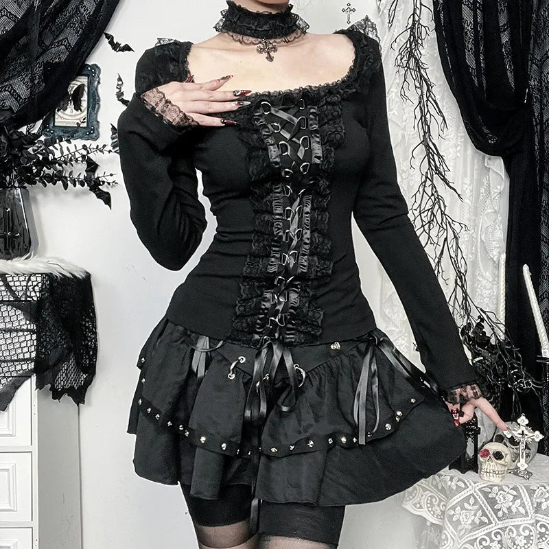 Goth Black Lace Trim Long Sleeve Vintage Lace-up Square Collar Elastic Tops with Choker Cross
