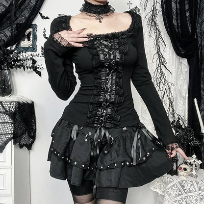 Goth Black Lace Trim Long Sleeve Vintage Lace-up Square Collar Elastic Tops with Choker Cross