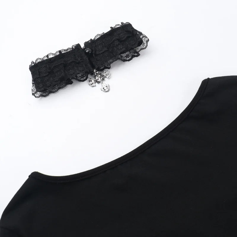 Goth Black Lace Trim Long Sleeve Vintage Lace-up Square Collar Elastic Tops with Choker Cross