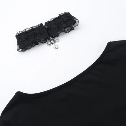 Goth Black Lace Trim Long Sleeve Vintage Lace-up Square Collar Elastic Tops with Choker Cross