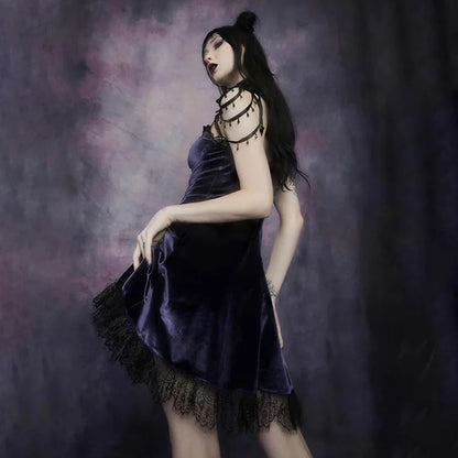 Goth Purple Dress Vintage Velvet A Line Lolita Dress Aesthetic Gothic High Waist Ladies Club Party Dresses
