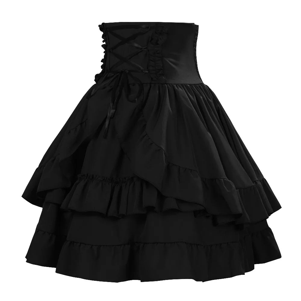 Victorian Period Skirt Girls Black Gothic Style Multi-layer Cake Half Dress Princess Cosplay Banquet Lolita