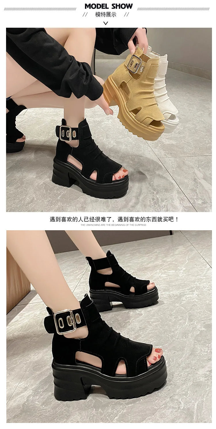 Gothic Platform Sandals Women Summer Wedges Peep Toe Gladiator Shoes Woman Thick Bottom 8cm High Heels Sandalias Mujer