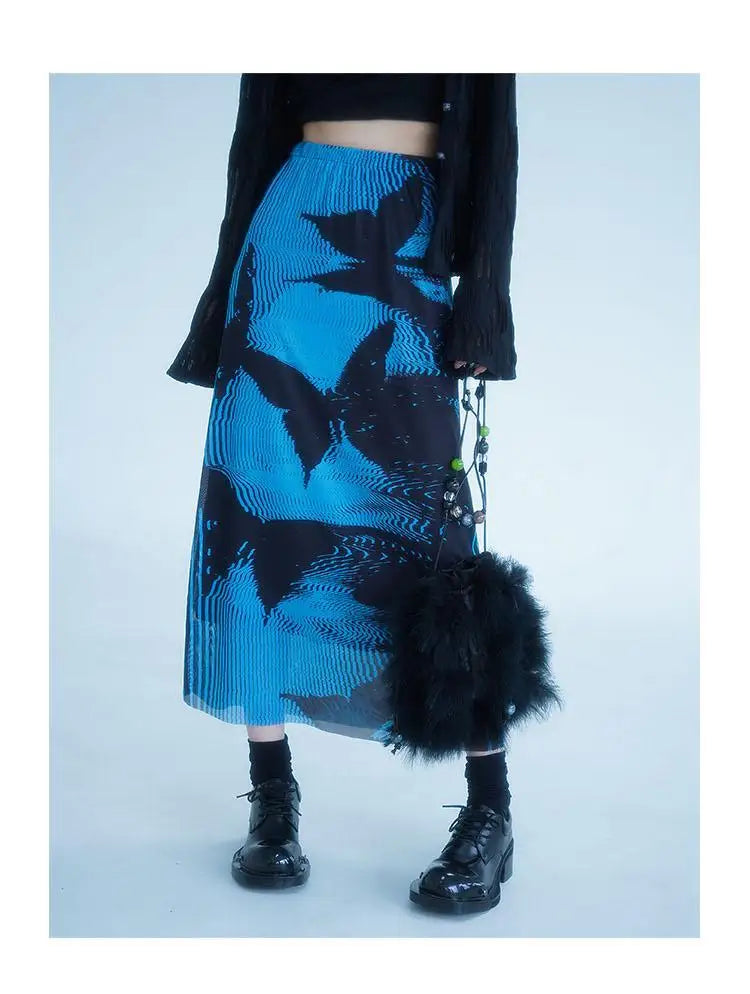 KOSAHIKI Gothic Pleated Skirts Womens Blue Saia Black Butterfly Print High Waist Skirt Woman Y2k Faldas Mujer Moda 2025 Korean
