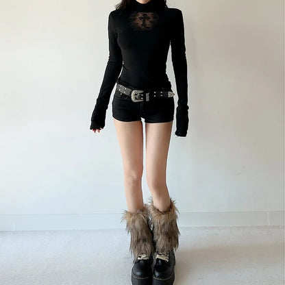 Goth Mesh Patchwork Cross Turtleneck Pullovers