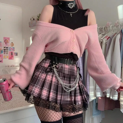 Goth Skirts Summer Y2K Woman Skirts Pink Stripe Plaid Lace Trim Pleated School Plaid Skirt Ladies Aesthetic Tie Up Jupe Femme