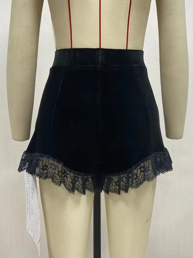 Yangelo Mall Gothic Velvet Ruched Sexy Shorts Skirts E-girl Grunge High Waist Skinny Bottoms Women Lace Hem Fall Alt Clothes
