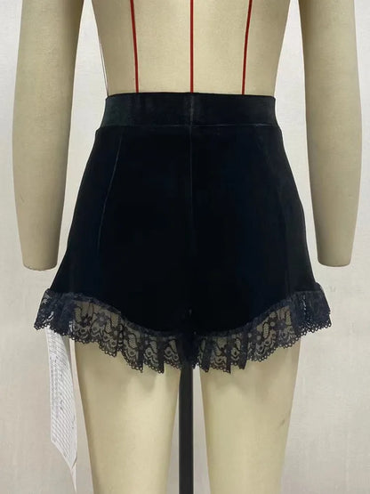 Yangelo Mall Gothic Velvet Ruched Sexy Shorts Skirts E-girl Grunge High Waist Skinny Bottoms Women Lace Hem Fall Alt Clothes