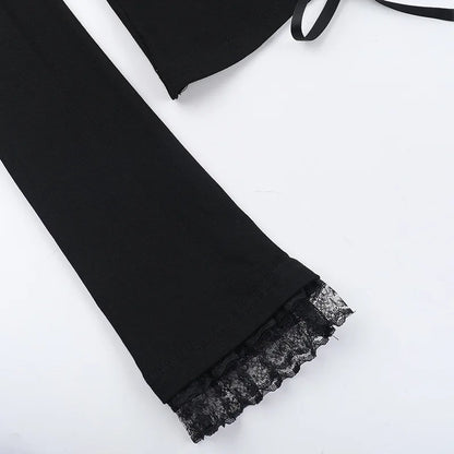 Goth Black Lace Trim Long Sleeve Vintage Lace-up Square Collar Elastic Tops with Choker Cross