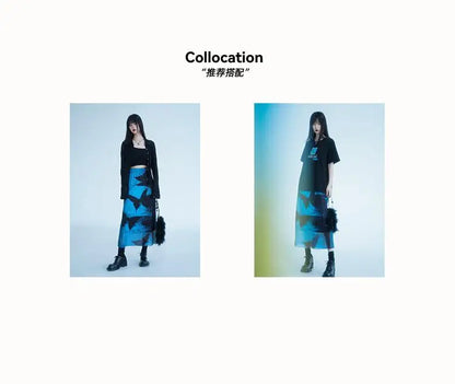KOSAHIKI Gothic Pleated Skirts Womens Blue Saia Black Butterfly Print High Waist Skirt Woman Y2k Faldas Mujer Moda 2025 Korean