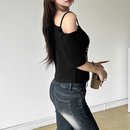Gothic Print Tee Off Shoulder