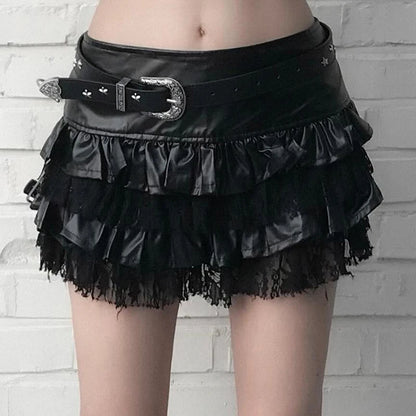 SUCHCUTE Goth Black Pu Leather Patchwork Lace Tiered Cake Mini Skirts Y2K Aesthetic 90s Lolita Skirt Women Sexy Low Waist Skirt