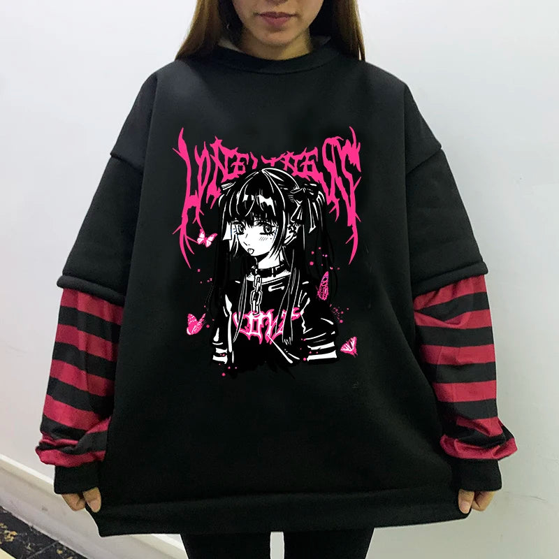 GOTH Black Long Sleeve  Fake Two-piece Spider web sweatshirt