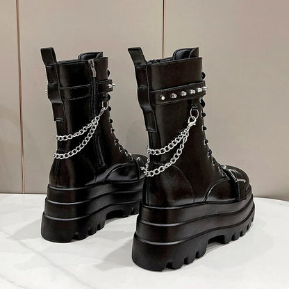 Platform Thick Gothic Boots Lady Buckle Autumn Shoes Women Wedges Knee High Boots Punk Street Cosplay Botas Motorcycle Chain