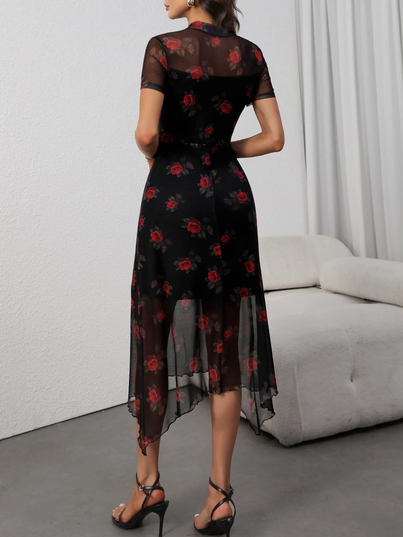 Goth Dark Elegant Fashion Florals Print Short Sleeve Mid Dress Fairy Double Layer Dresses