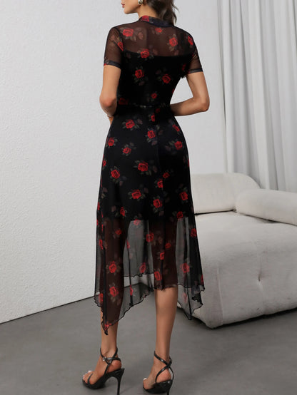 Goth Dark Elegant Fashion Florals Print Short Sleeve Mid Dress Fairy Double Layer Dresses