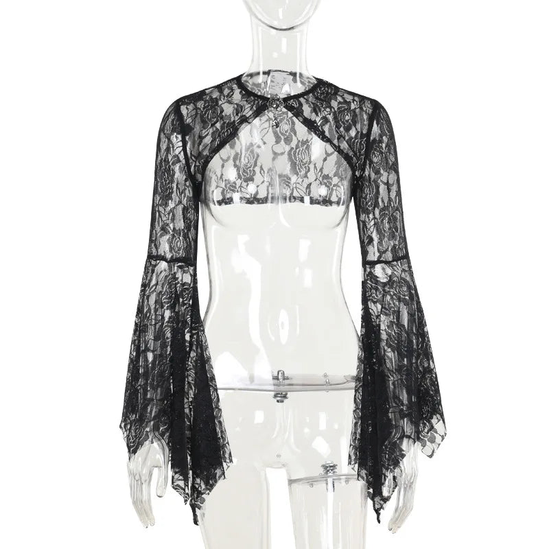 Dark Black Goth Vintage Flared Sleeve Lace Shoulder Cover