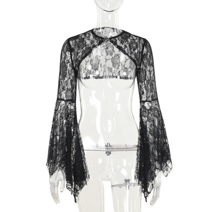 Dark Black Goth Vintage Flared Sleeve Lace Shoulder Cover