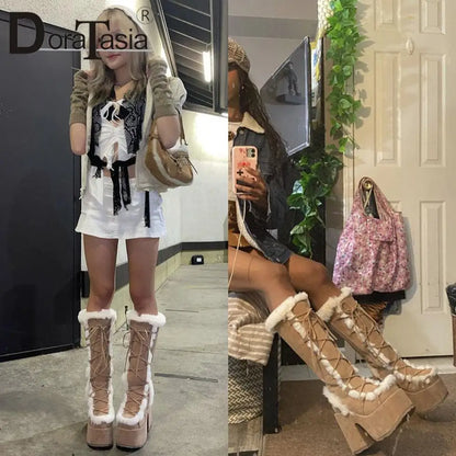 Ladies Goth Platform Boots Fashion Zip Faux Fur Chunky High Heels women's Boots Party Street Autumn Winter Woman Shoes