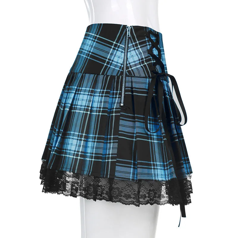 Goth Skirts Summer Y2K Woman Skirts Pink Stripe Plaid Lace Trim Pleated School Plaid Skirt Ladies Aesthetic Tie Up Jupe Femme