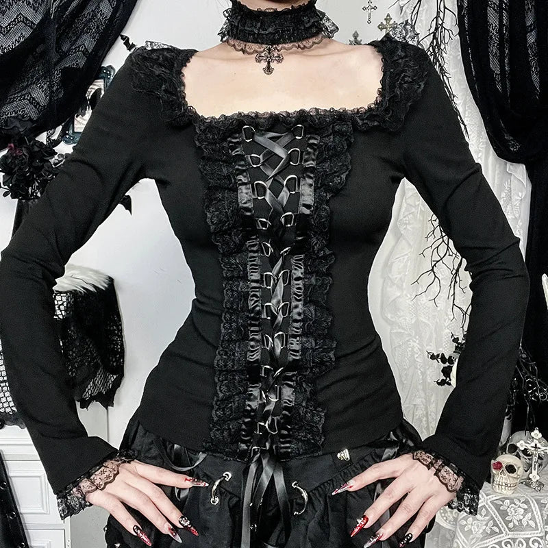 Goth Black Lace Trim Long Sleeve Vintage Lace-up Square Collar Elastic Tops with Choker Cross