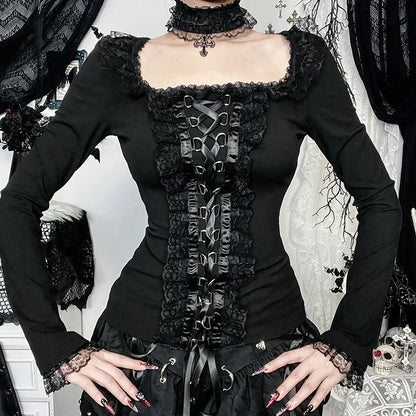 Goth Black Lace Trim Long Sleeve Vintage Lace-up Square Collar Elastic Tops with Choker Cross