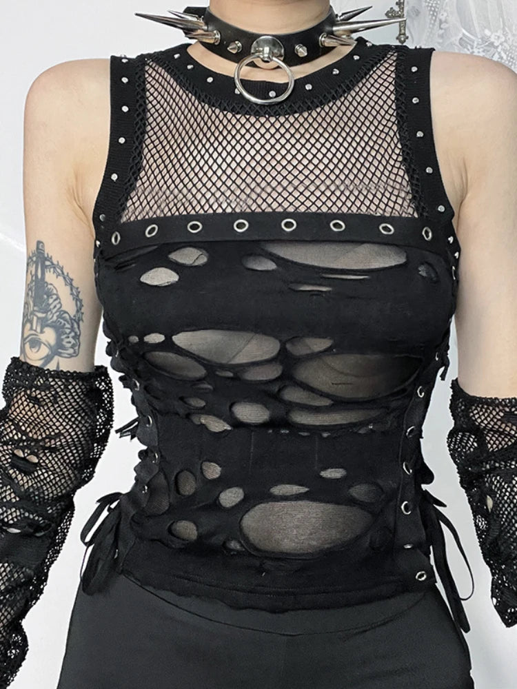 Gothic Crop Tops Tanks Trendy Camisole Fishnet Backless  Vest