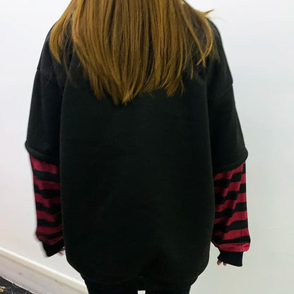 GOTH Black Long Sleeve  Fake Two-piece Spider web sweatshirt