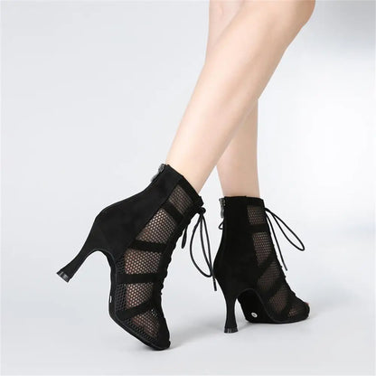 Black fashionable Latin dance boots, black mesh suede zipper lace-up sexy high-heeled dance shoes