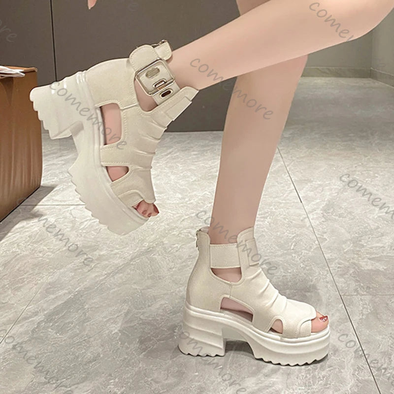 Gothic Platform Sandals Women Summer Wedges Peep Toe Gladiator Shoes Woman Thick Bottom 8cm High Heels Sandalias Mujer