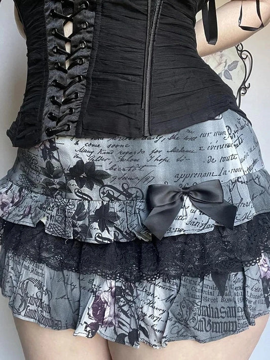 Gothic Aesthetic Short Skirt y2k Print Lace Patchwork Low Rise A-line Mini Skirts Black Bow Stitching Skirt Lady Vintage