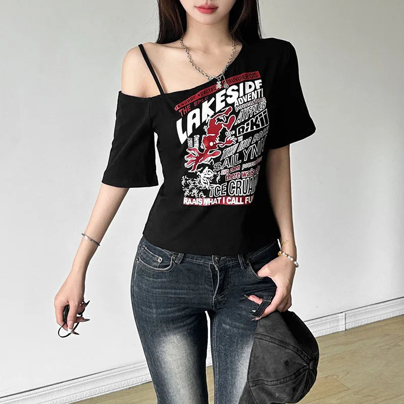 Gothic Print Tee Off Shoulder