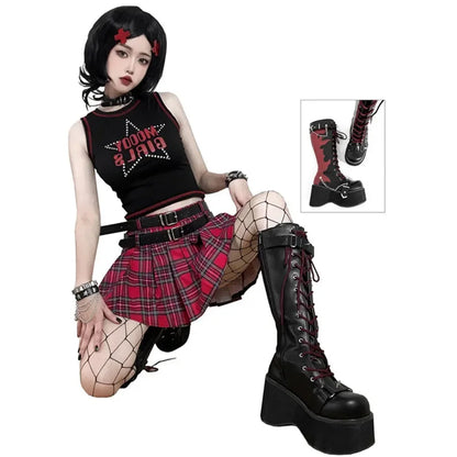 Platform brand new Design Gothic Street Women Boots Wedge High Heel Mary Janes Cosplay Dark Black Shoes For Woman Lolita Booties