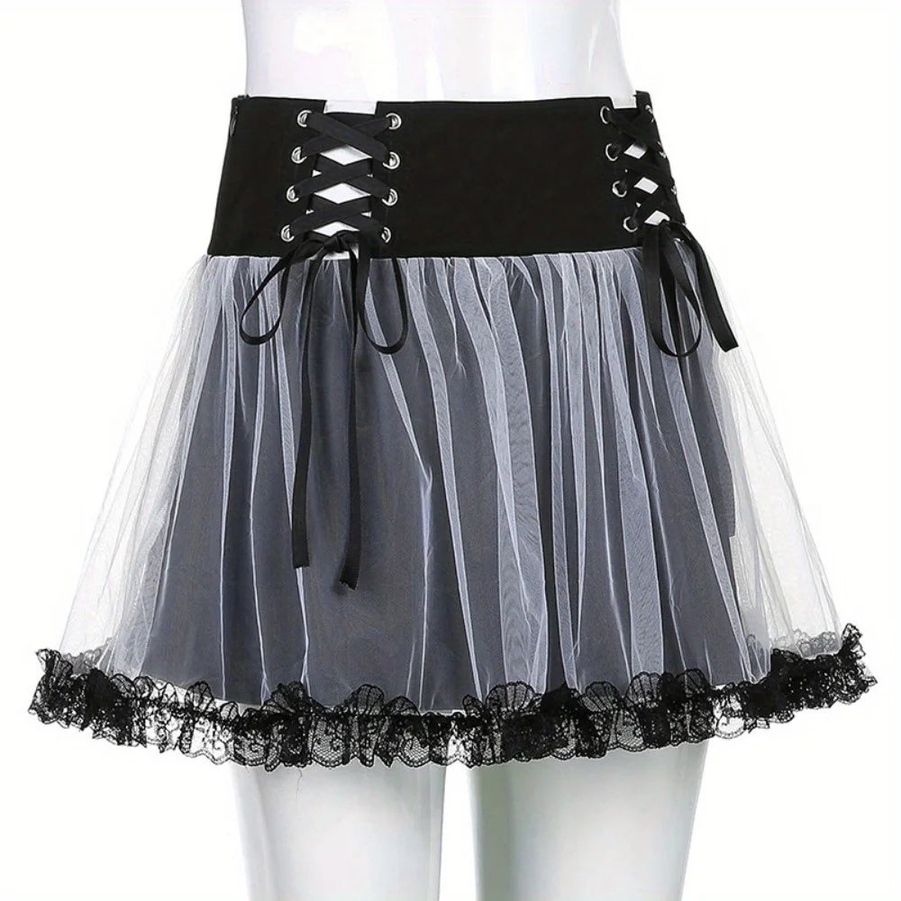 Gothic Mesh A-Line Skirt: Punk Ruffled Tie-Accent High-Waisted Skirt with Full Flare