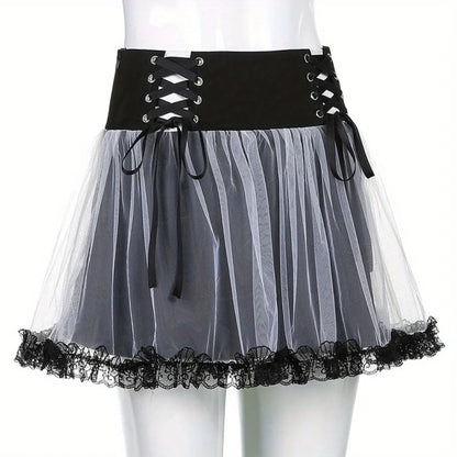 Gothic Mesh A-Line Skirt: Punk Ruffled Tie-Accent High-Waisted Skirt with Full Flare