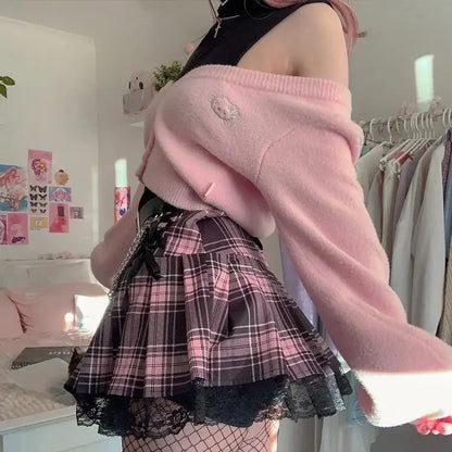 Goth Skirts Summer Y2K Woman Skirts Pink Stripe Plaid Lace Trim Pleated School Plaid Skirt Ladies Aesthetic Tie Up Jupe Femme