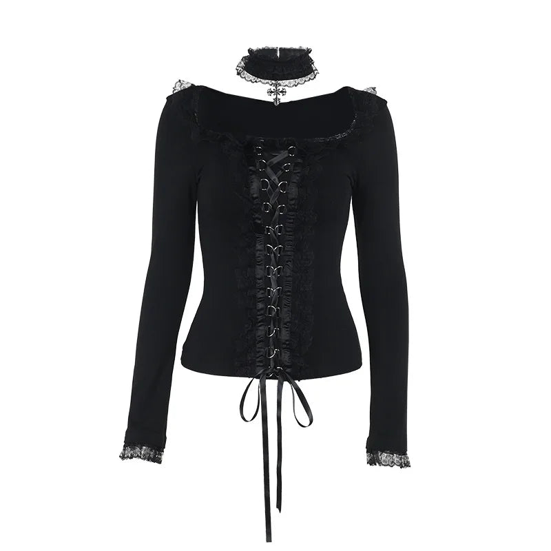 Goth Black Lace Trim Long Sleeve Vintage Lace-up Square Collar Elastic Tops with Choker Cross